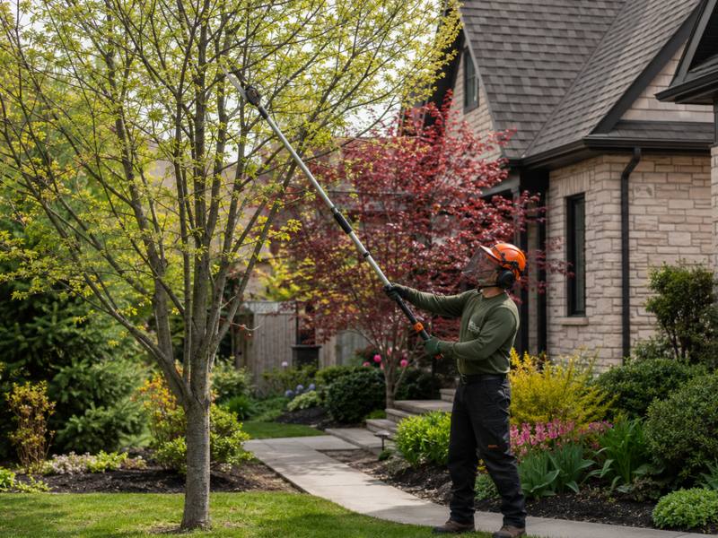 Pole saw work on a small ornamental tree in a front yard