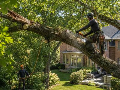 Long heavy limb reaching over a house roofline, held on rigging line while it is cut