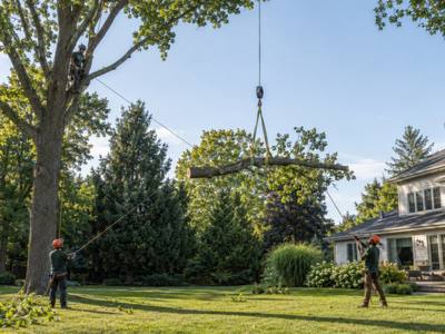 Cut section flown out over the lawn on a crane sling