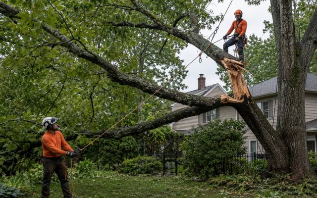 Two-person crew rigging down a heavy limb that failed at the branch union