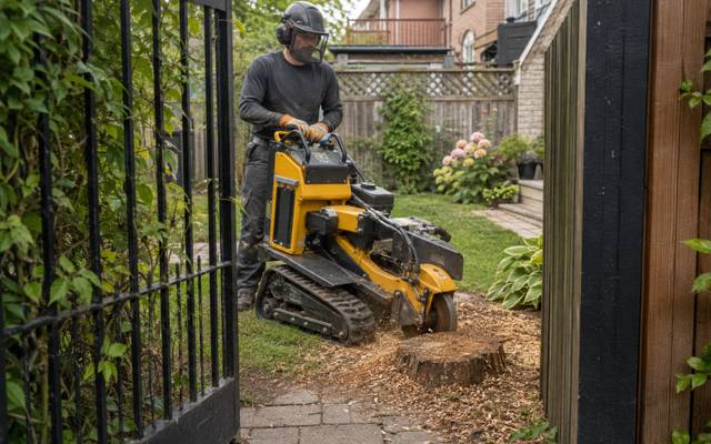 Stump grinder walked through a side gate to reach a back yard stump